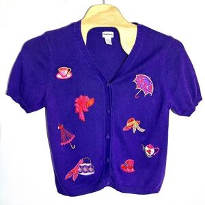 BonWorth Cardigan Top‎ Embroidered Red Hats Teapot Umbrella Purple Knit Medium